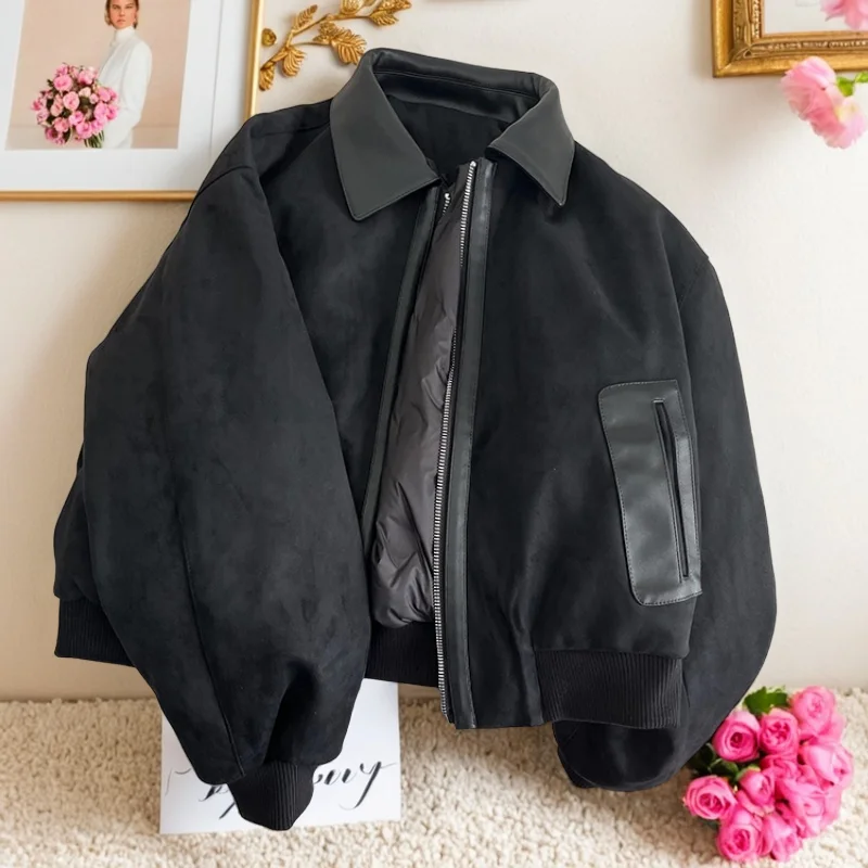 

Korean Design Black Splice Collar Cotton Jacket Women's Fashionable Slimming Versatile Autumn Winter Neck Zipper Pure Color