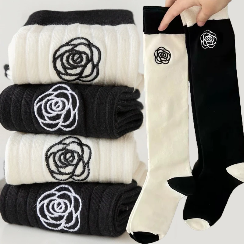 Sweet Camellia Socks Women Lolita Girls Retro Embroidered Flowers Cotton Calf Stockings Black White Ins Mid-tube Sock Meias