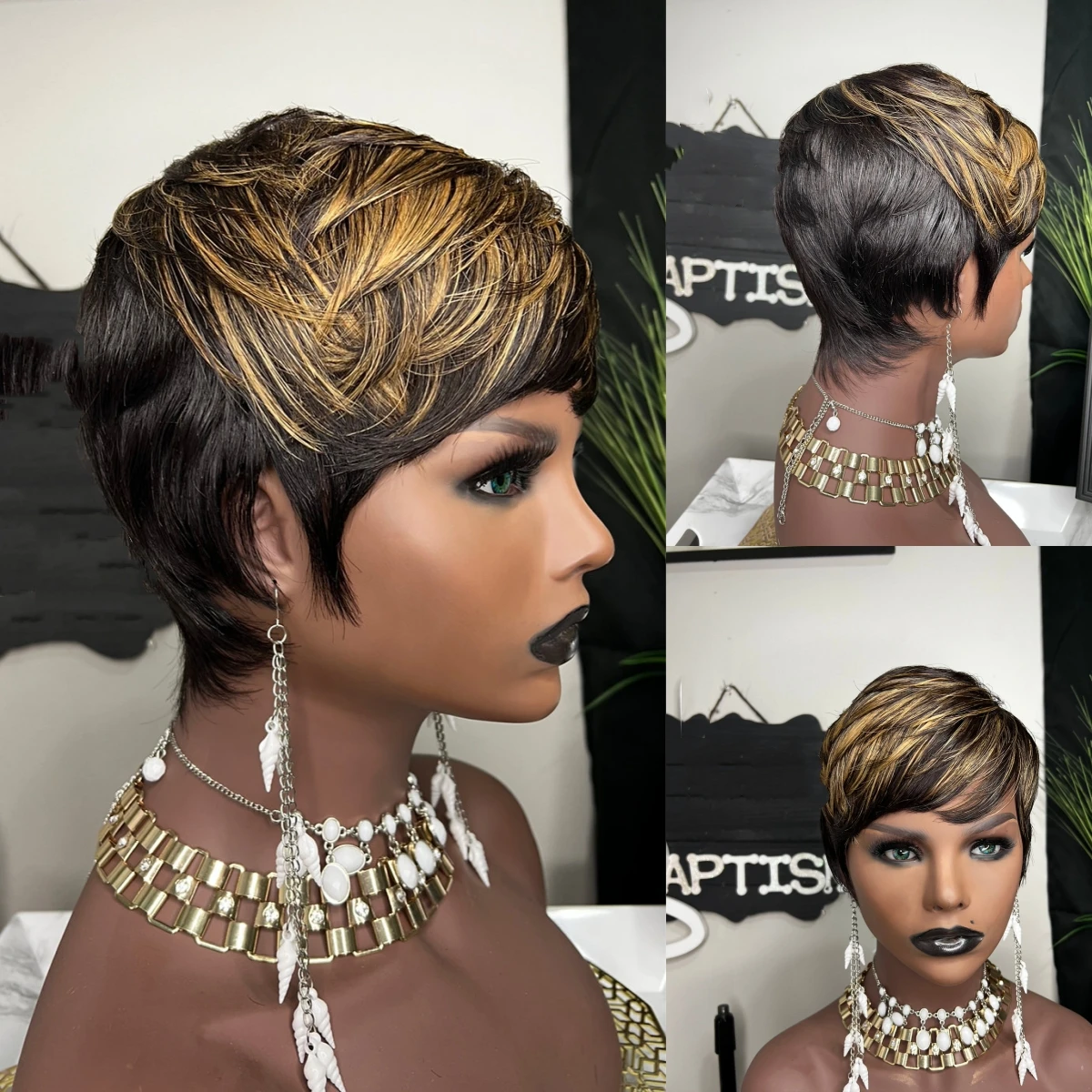 Ombre Black Blonde Honey Gold Highlight Synthetic Cheap Wigs Short Straight Pixie Cut Hair Bob Wig Hair For Black Woman