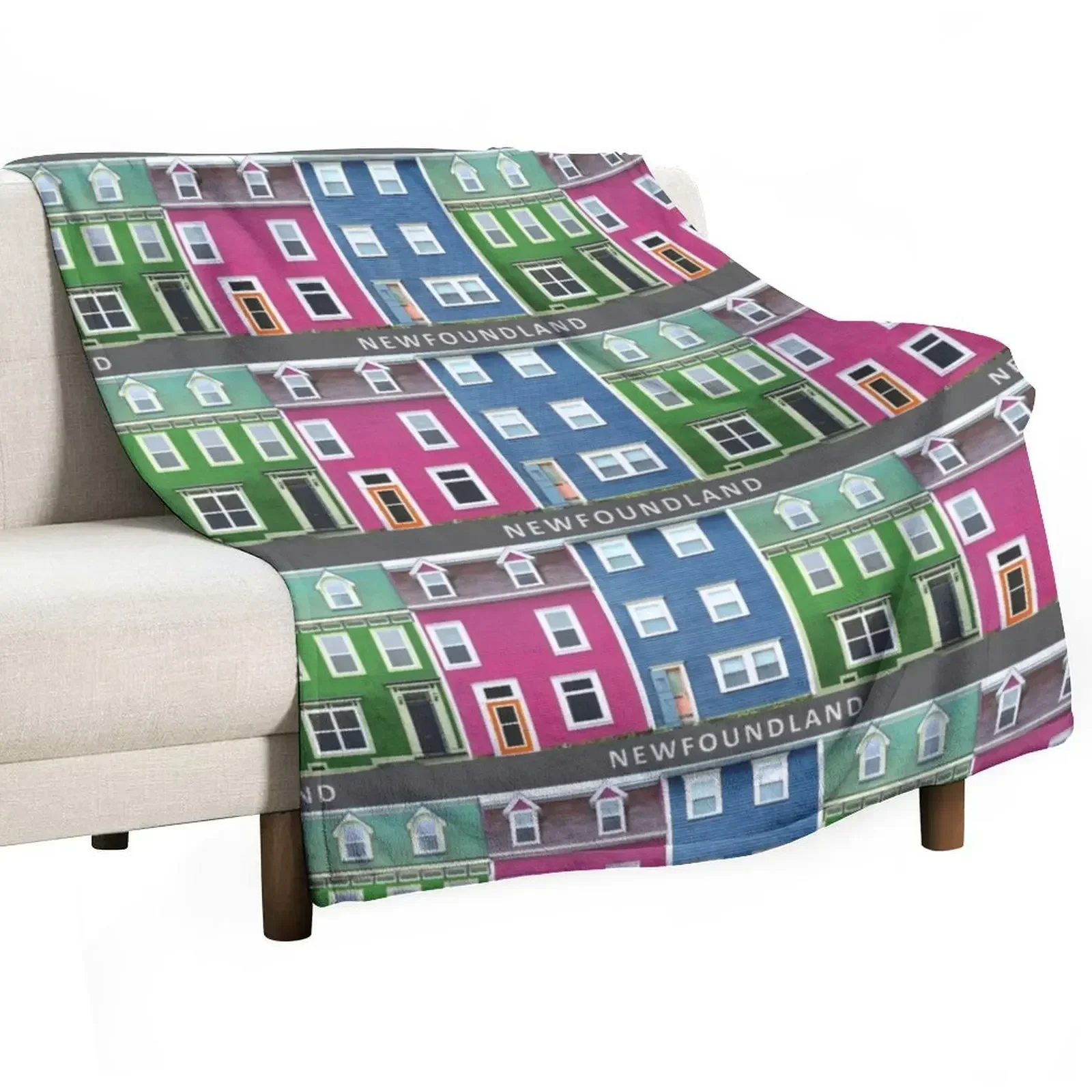 NEWFOUNDLAND Pink Blue Green Row Houses Throw Blanket Furrys Decorative Throw Flannels Blankets