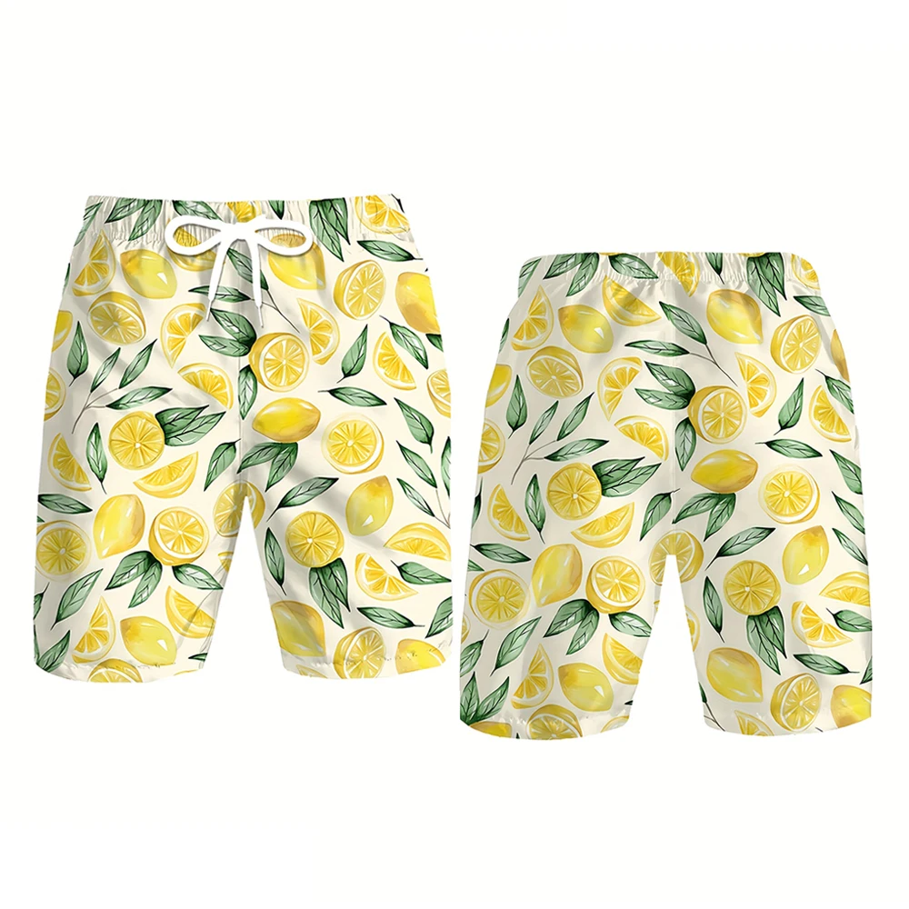 Summer Cool Breathable Beach Shorts Fruit Lemon Graphic Fashion Loose Casual Drawstring Pants Men's Quick Dry Swimming Shorts