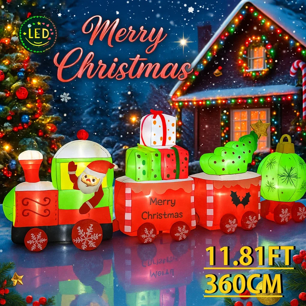 

11.81FT Holiday Lighting With LED Lights Giant Inflatable Christmas Decoration Santa Train Xmas Garden Supplies Home Ornaments