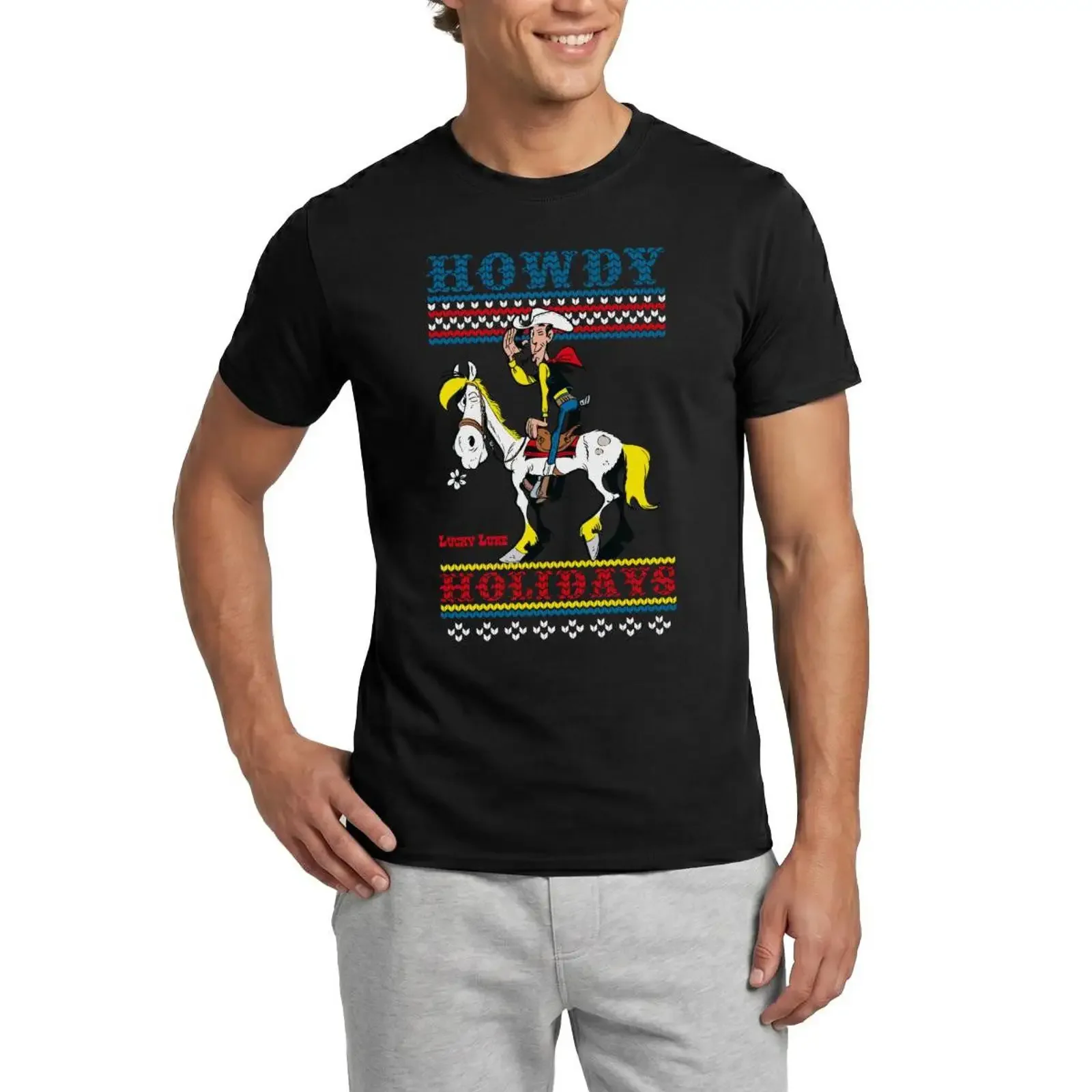 Camiseta Spreadshirt Lucky Luke Howdy Holidays Ugly Christmas Masculina, 1 peça, vintage, lavada, roupas de designer, moda estilosa