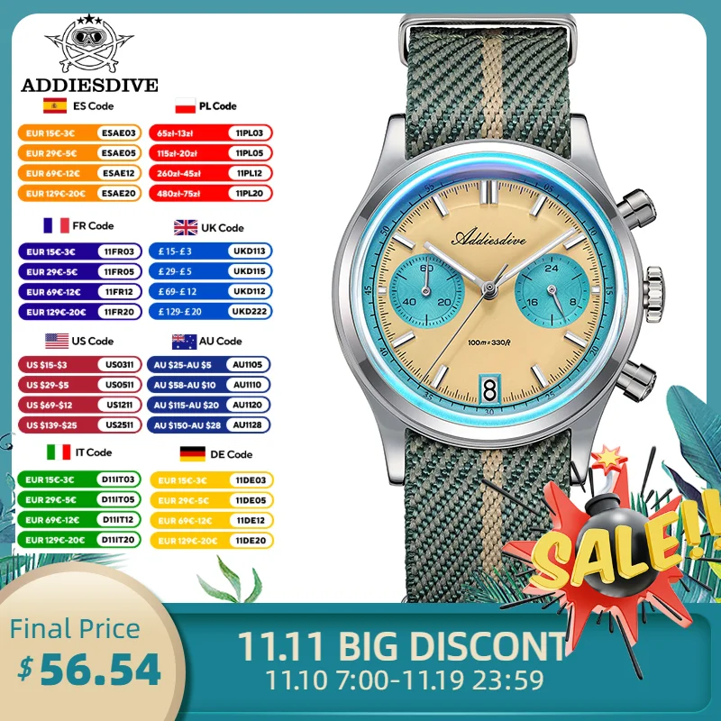 

ADDIESDIVE Quartz Watches VK64 Movement Chronograph Bubble Mirror Glass Wristwatch Luminous Waterproof AD2095 Luxury Men's Watch