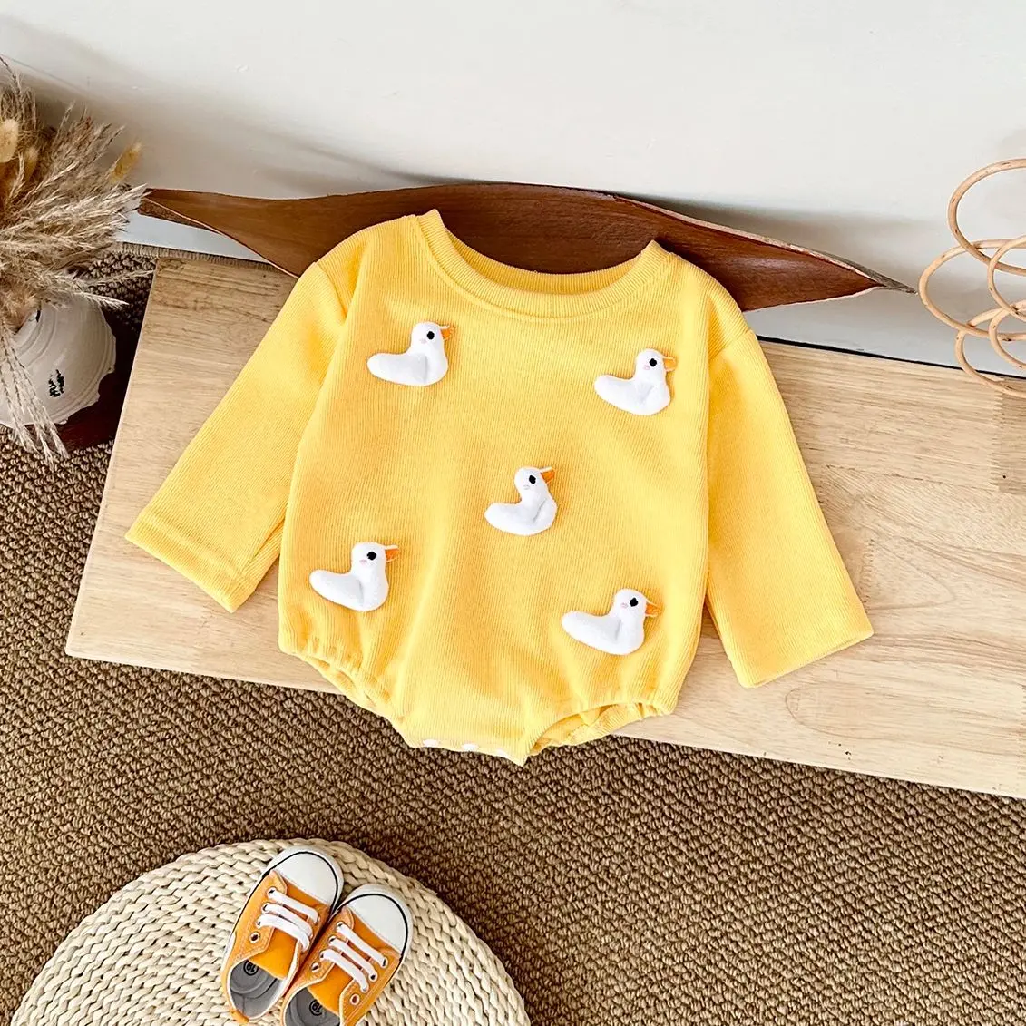 0-18M Infant Boys Baby Girls Sweatshirt Bodysuit Triangle Bubble Romper Cute Cartoon Duck/Mushroom Fall Warm Newborn Clothes