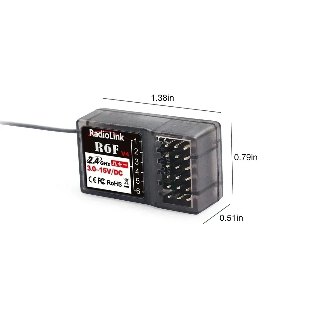 Radiolink R6F 6-kanaals 2,4 GHz ontvanger voor RC auto en boot radiozender afstandsbediening compatibel met RC6GS V2 RC4GS V