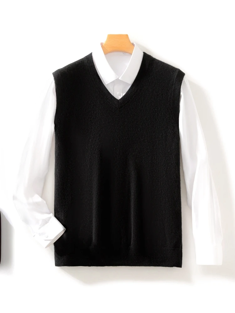 Spring  Autumn Men Sleeveless Pullover V-Neck Cashmere Sweater 100% Merino Wool Knitted Soft Casual knitwear Solid Color Tops