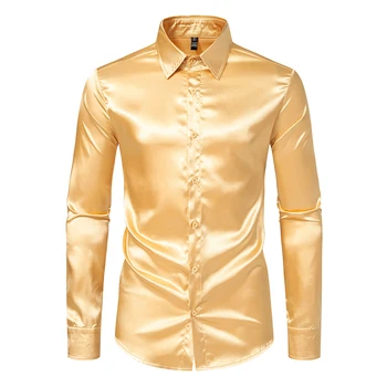 Men's Black Satin Luxury Dress Shirts Fashion Silk Smooth Tuxedo Shirt Solid Wedding Party Prom Casual Shirt Business Office 6