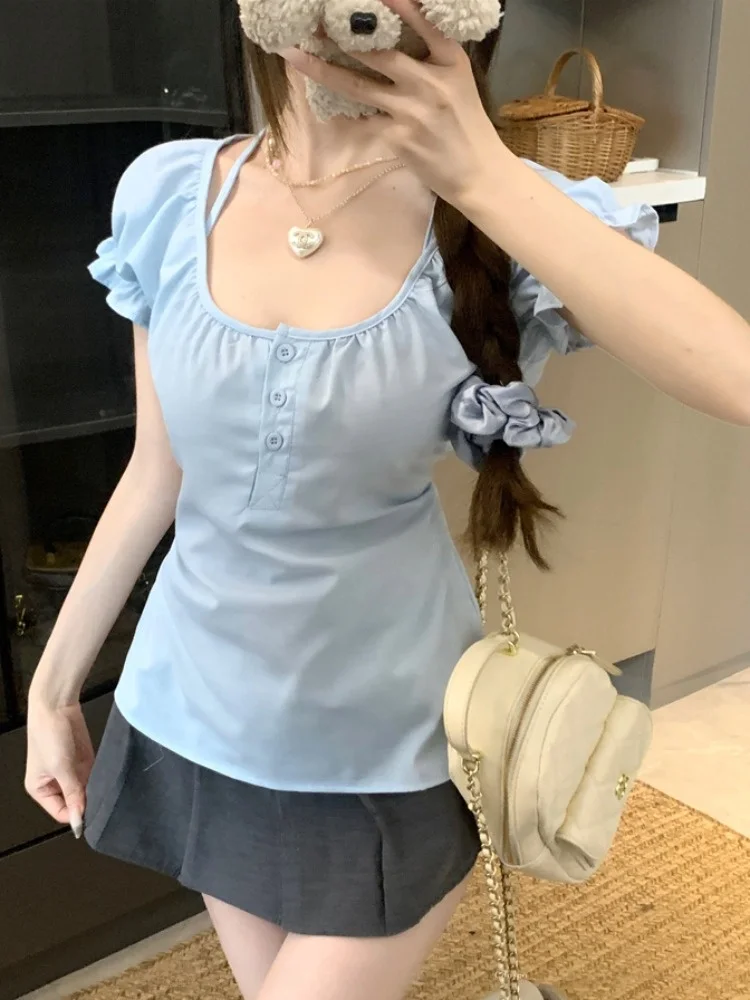 

Blue Sweet Necktie Short Sleeve T-Shirt Women's Summer Thin Design Slimming Versatile Top Korean Style Commute Fashion