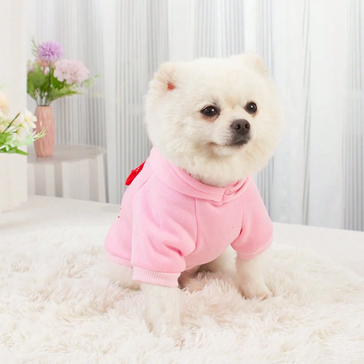 1pc-Dog pink clothes hooded sweatshirt with plush insulation