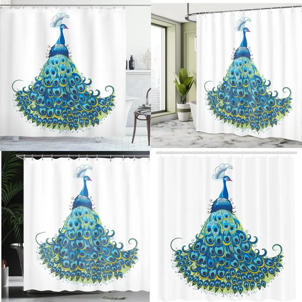 

exotic peacock floral shower curtain, tropical wildlife themed, elegant curved design bath decor