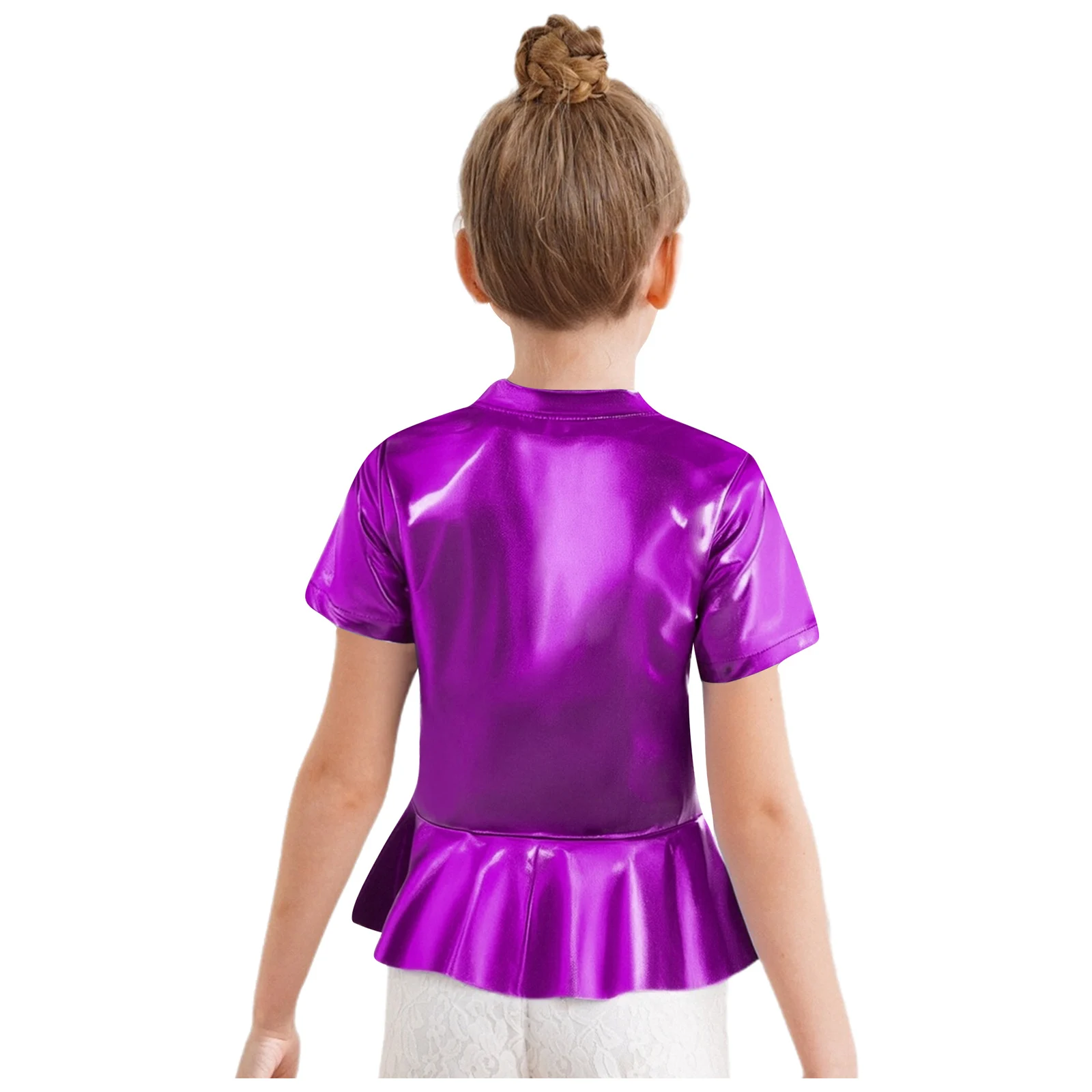 الأطفال فتاة الجاز الرقص الأعلى لامع Peplum الجولة الرقبة لامعة تي شيرت الشارع نمط الهيب هوب الجاز ملابس الرقص موضة الجاز Dancewear