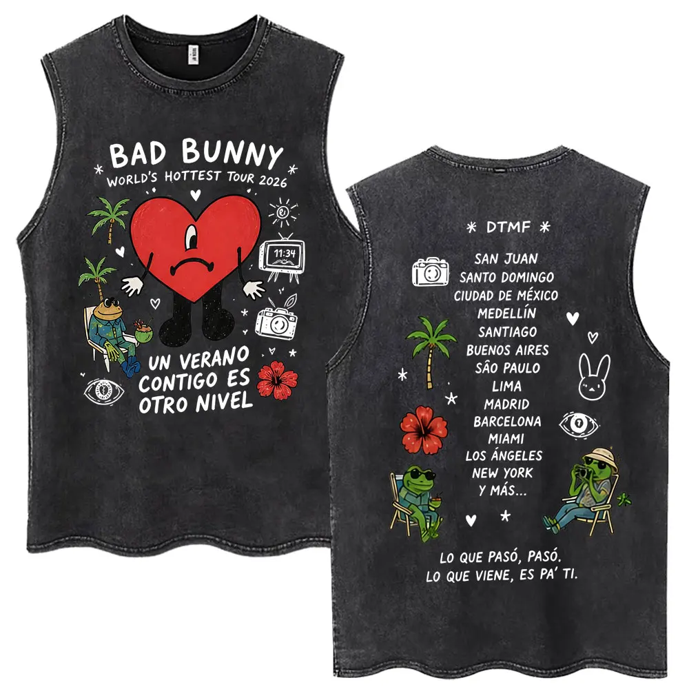 Rapper Bad Bunny Debi Tirar Mas Fotos DTMF Wash Tank Tops Men Women Fashion Hipster Vests Hip Hop Loose Cotton Sleeveless Tshirt