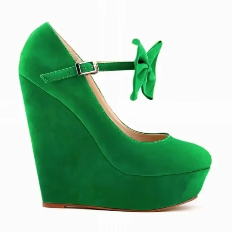 

Women Wedges High Heels 2025 Autumn Casual Fashion Sexy Flock Platform Pumps Ladies Bow Round Toe Party Dress Wedding Shoes