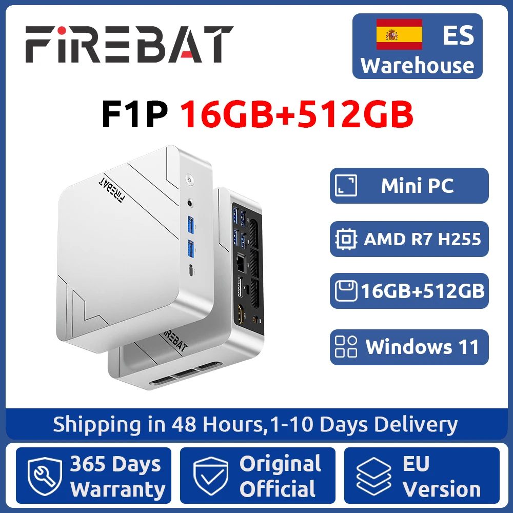 Firebat F1P Mini-PC AMD Ryzen 7 H255 16GB LPDDR5 512GB SSD Win11 Pro Desktop Mini-Computer USB 4.0 Wi-Fi 6 BT 5.2