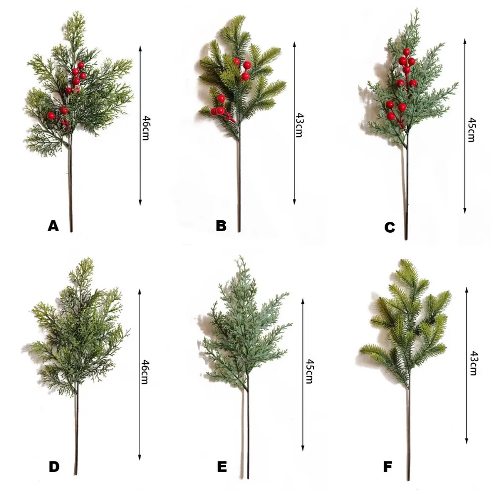 녹색 인공 소나무 가지 플라스틱 크리스마스 트리, 가짜 레드 베리 잎, DIY 화환 축제 장식, 실물 같은 녹색 식물