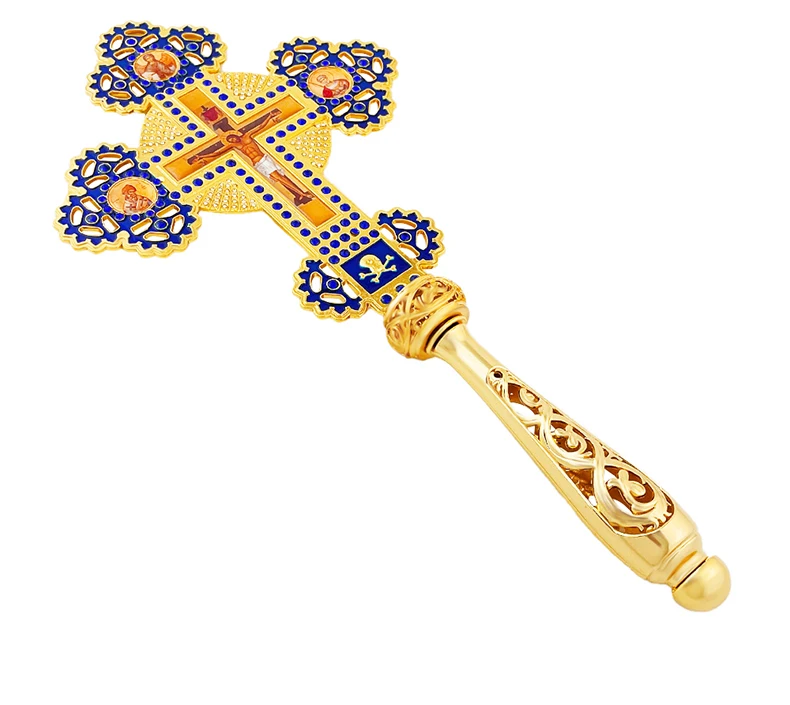 Neues Orthodoxes Segenskreuz aus Goldmetall mit Emaille und Strasssteinen, Ikonen-Kruzifix für Kirchen, religiöse Zeremonien, Altar-Gebetsdekoration, Geschenk – Detail 4
