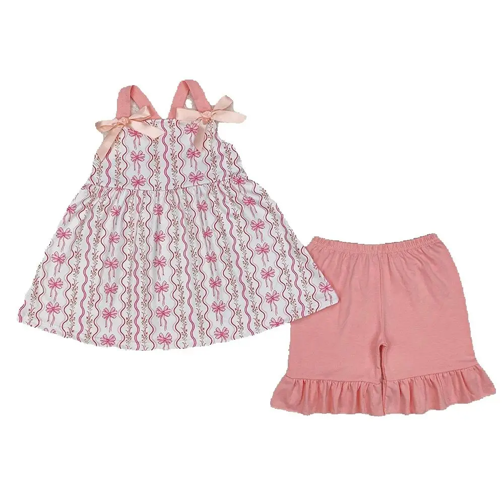 

GSSO2094 Baby Girls Pink Flowers Bows Tunic Top Ruffle Shorts Clothes Sets