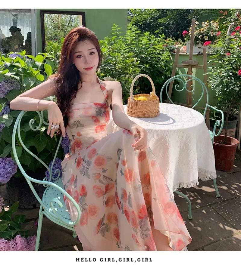 

Sexy Sling Backless Maxi Dresses For Women Elegant Sleeveless Print Robes Female Evening Party Vestidos Lace Up Fairy Clothing