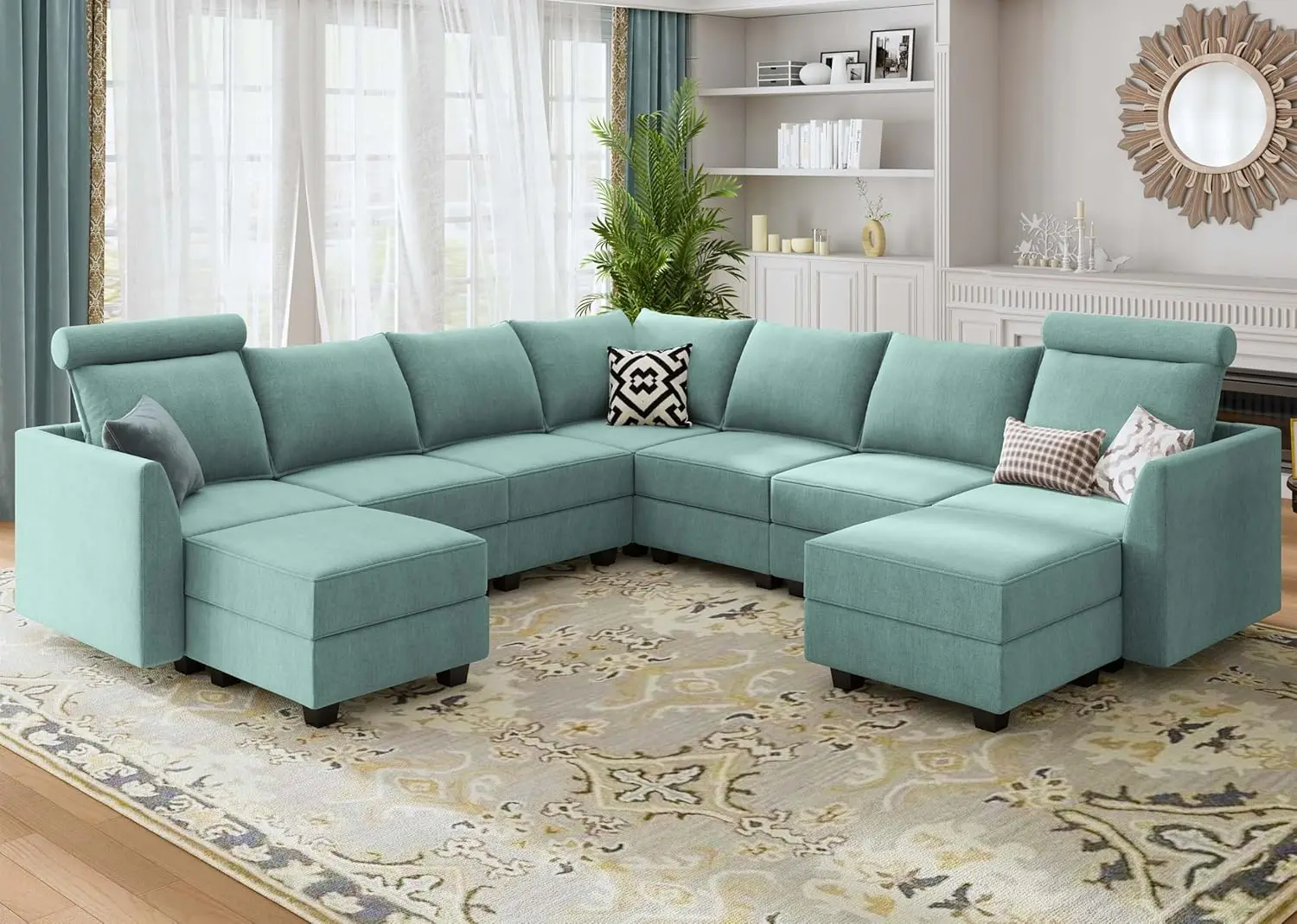 

HONBAY Modular Sofa Couch with Storage Seats, Reversible U-Shaped Modular Sectional Sofa for Living Room, Aqua Blue