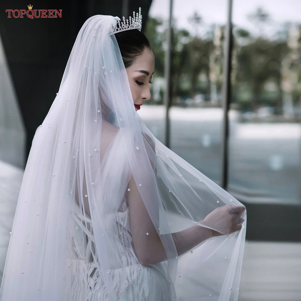 TOPQUEEN V09 Long Bridal Veils Pearls Beaded Luxury Cut Edge with Comb 3M Wedding Veils for Veiled Women Extra Long Royal VEIL