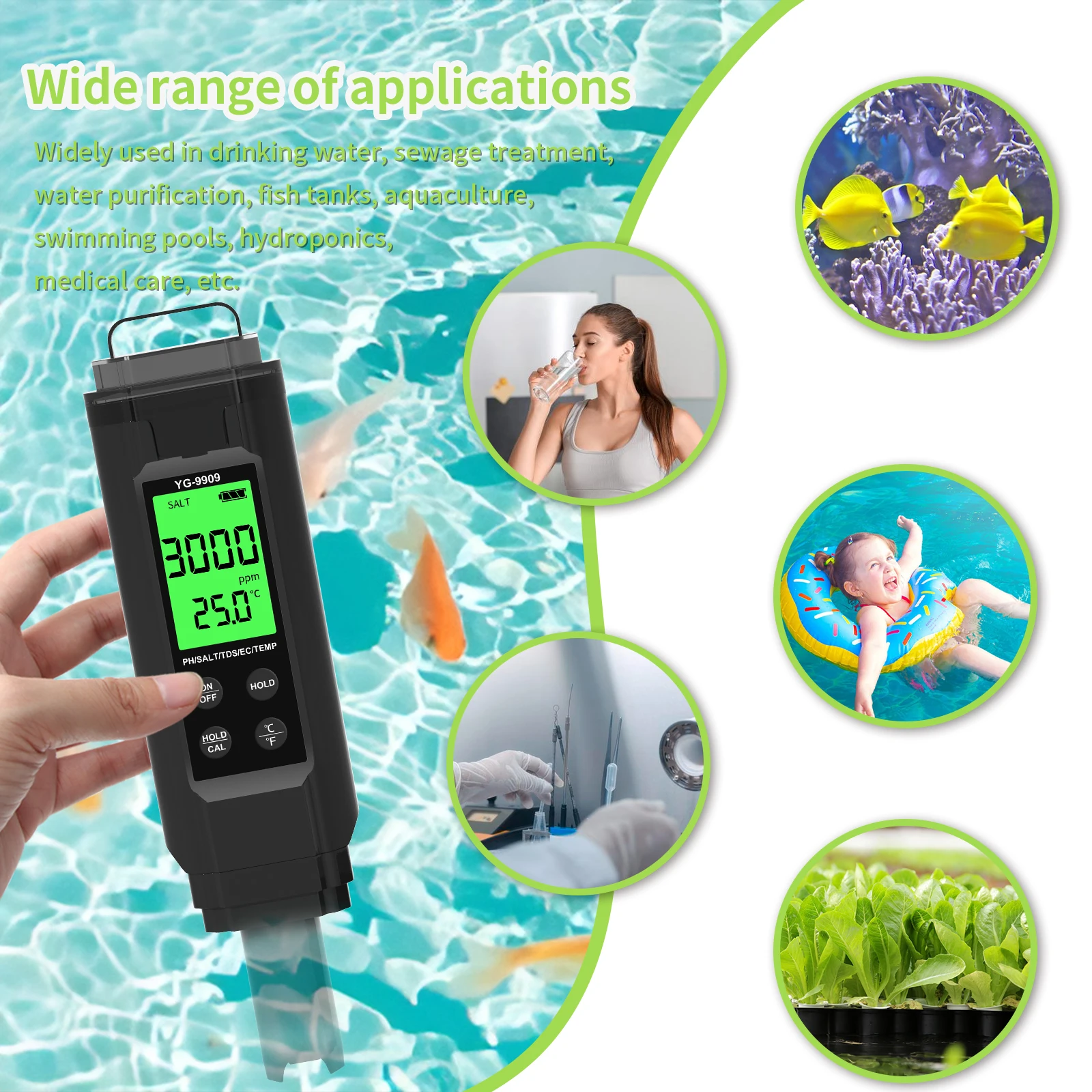 5 IN 1 PH Meter Digital TDS EC Temp Salinity High Accuracy Water Quality Tester for Aquariums Pools Hydroponic Aquaculture Farm