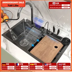 Fregadero de cascada de cocina de acero inoxidable 304, pantalla Digital, fregadero individual grande, lavabo de plato con cascada táctil multifunción