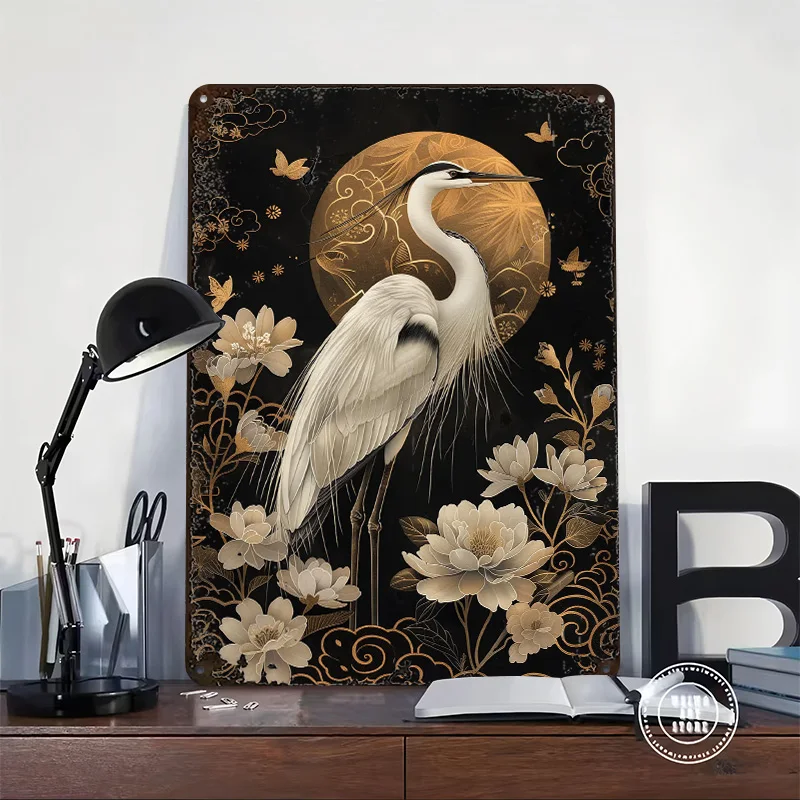 Heron Kintsugi Art Personalized 3D Textured Metal Poster Wall Art Vintage Tin Signs for Decoration Bedroom Home Decor Room Items