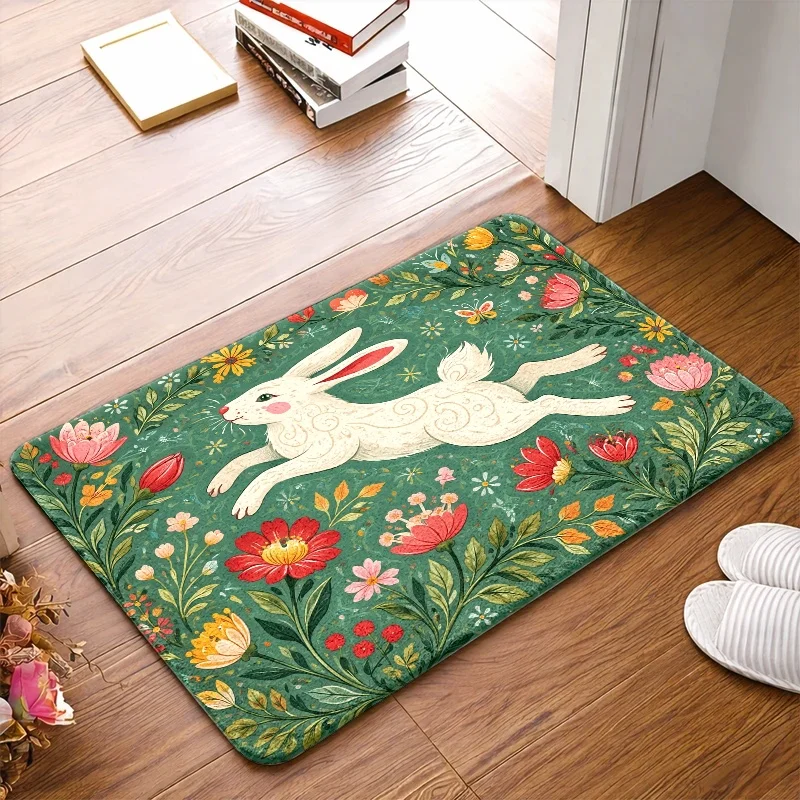 1pc, 2pcs, 3pcs Cute Rabbit Floral Flannel Doormat, Durable And, Machine-Washable Floor Mat. Suitable for Living Room, Bedroom, Office, Bath, Balcony, Corridor