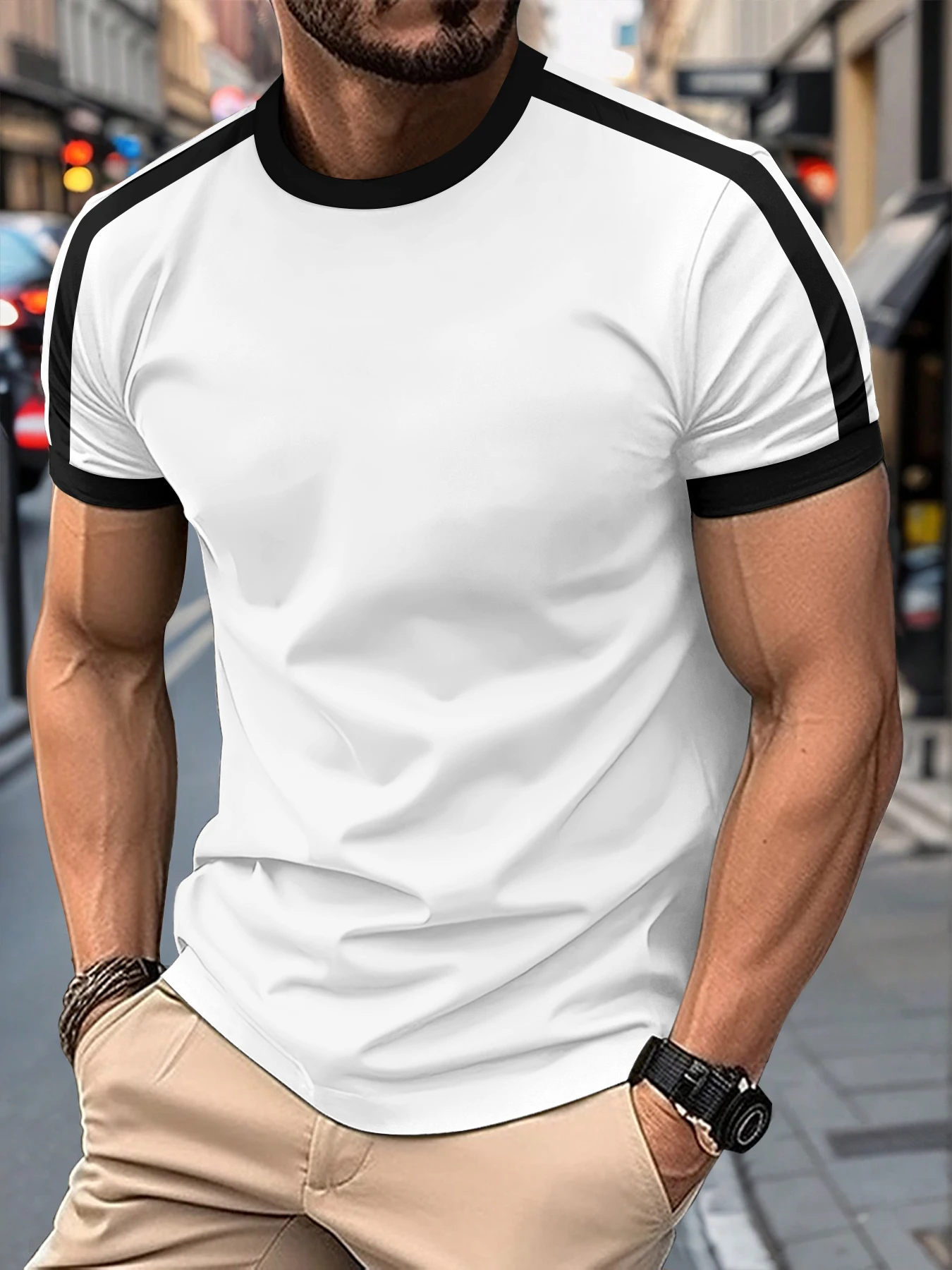 New Summer Elastic Casual Short-Sleeved Men's Daily Party Home Social Color matching T-Shirt Solid Color Vintage Streetwear Top image 5