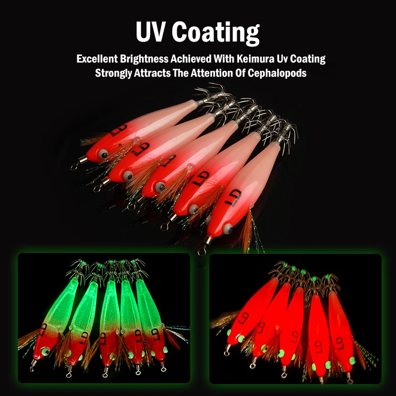    LEYDUN 5 قطعة/مجموعة مضيئة العين الأفقي خطاف الحبار الخشب الروبيان الحبار الأحمر والأخضر مضيئة BKK هوك الحبار الروبيان الطعوم