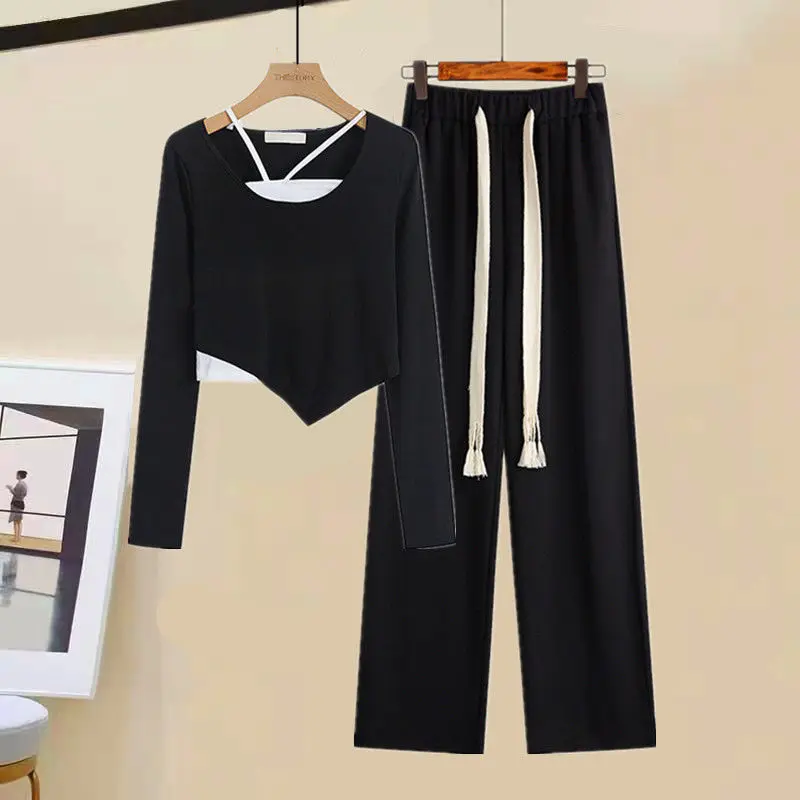 Fashion Suit Women\'s 2023 New Spring and Summer Irregular Long-sleeved Slim Top+casual Mopping Wide Leg Pants Two-piece Set