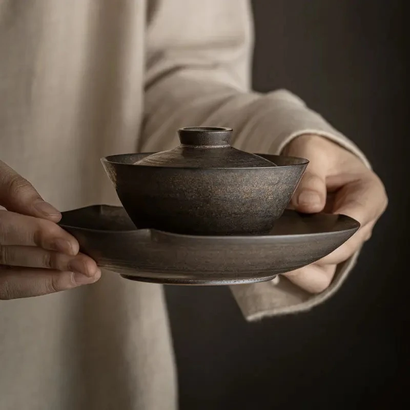 

140ml Retro Rust Glaze Ceramic Tea Tureen Chinese Tea Maker Non-hot Gaiwan Handmade Coarse Pottery Tea Bowl Creative Teaware Set