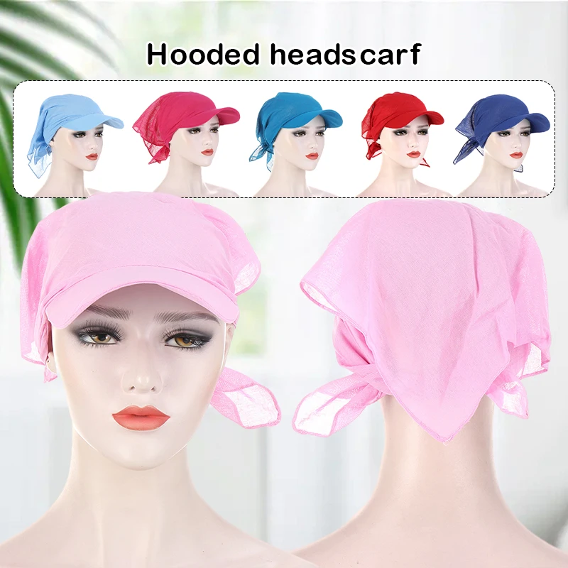 2 Pcs Women Headscarf Candy Color Chef Turban Outdoor Sport Windproof Sunscreen Bandana Hat With Brim Lady Beach Lace-up Hat