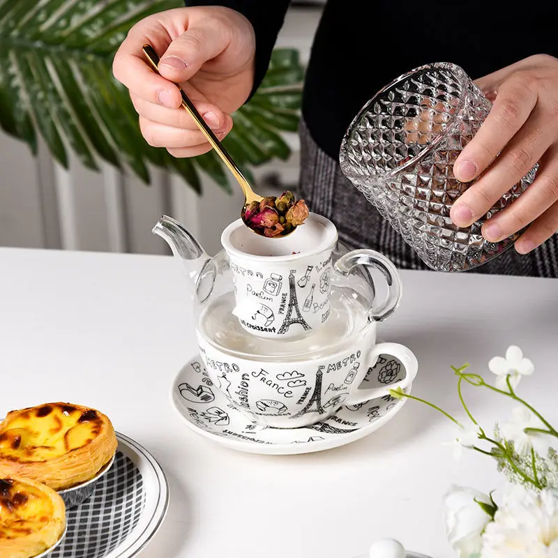 Porcelain Tea for One Floral Teapot And Cup Saucer Set with Eiffel Tower London Bridge Leaning Tower of Pisa Ceramic Teaware