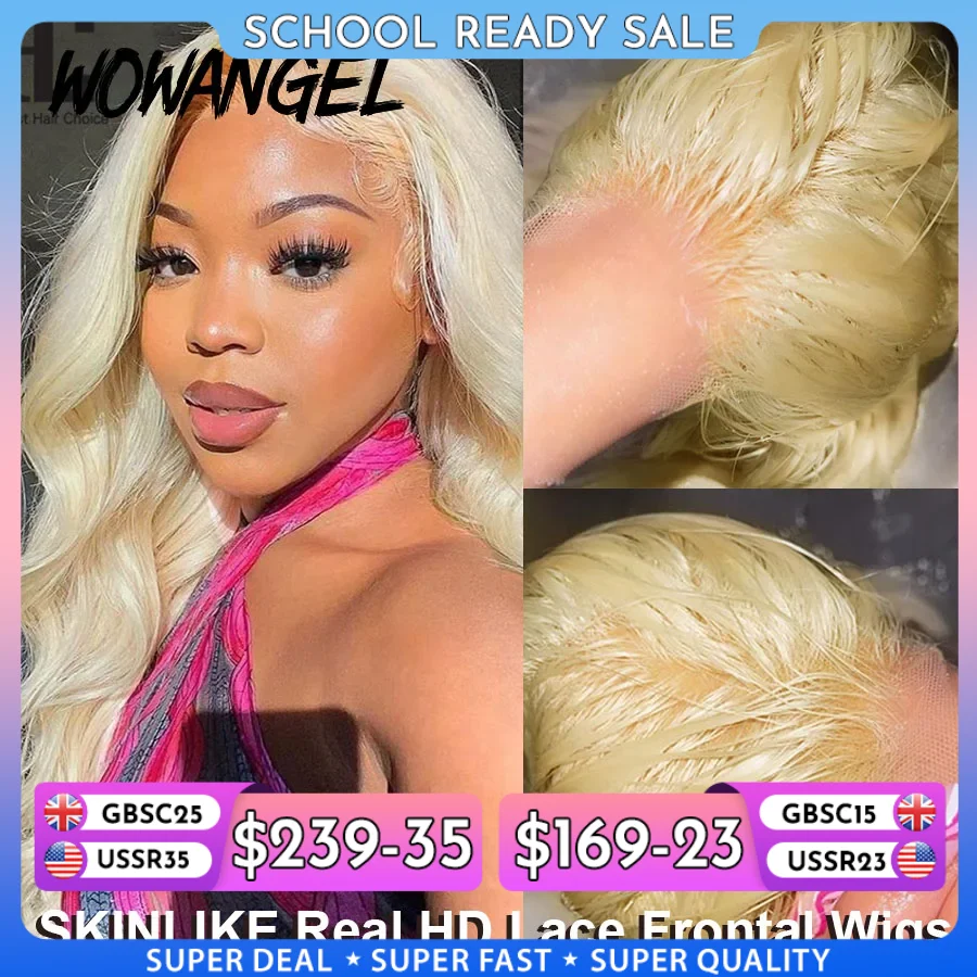 Wow Angel Echte HD-Spitze-Frontal-Perücke, 250 % 13 x 4 HD-Spitzenfront-Echthaar-Perücke, 613 blonde Körperwellen-Perücken, HD-Spitzenverschluss-Perücke, ohne Kleber