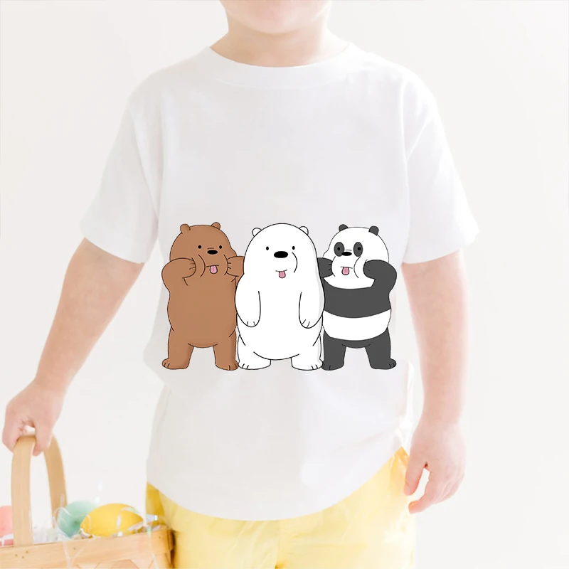 T-shirt dziecięcy z nadrukiem We Bare Bears Letni dziecięcy bawełniany biały top z krótkim rękawem, odpowiedni dla chłopców i dziewcząt