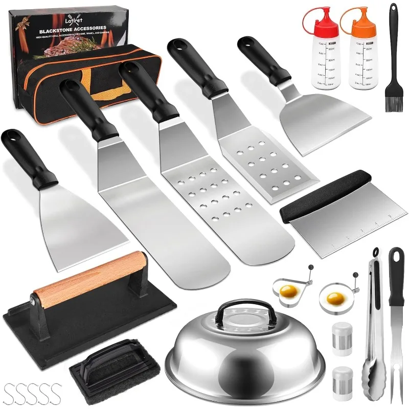 Griddle Accessories Kit, 24Pcs Grilling Accessories Set, Flat Top Griddle Accessories Set with Scraper, Enlarged Spatulas