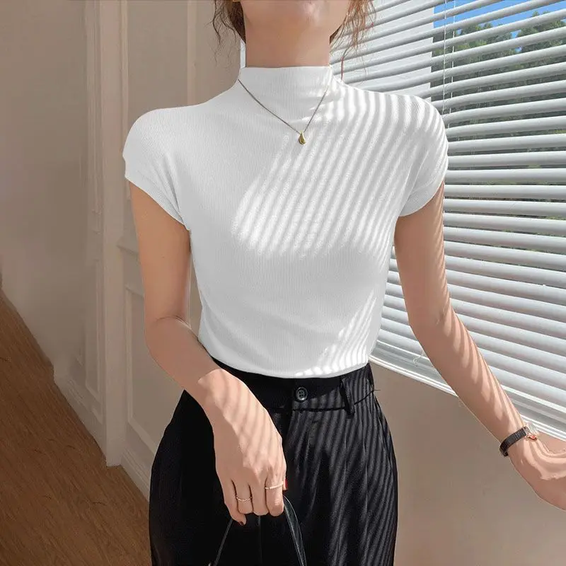 Wholesale 2pcs Sexy Summer Strecth Top Base Slim Thin T Shirts Women 2023 Korean Style Long Sleeve Short Mock Neck Solid T Shirt