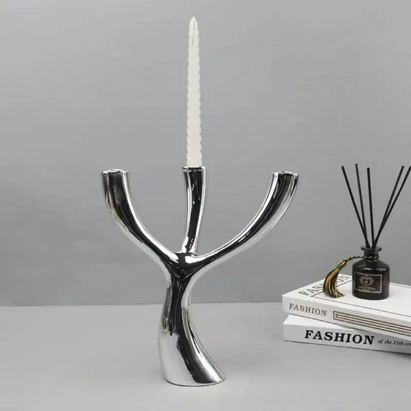 Electroplated Silver Geometric Three Headed Resin Candle Holder, Wedding Centerpiece for Tables, Candle Holder, Home Decoration
