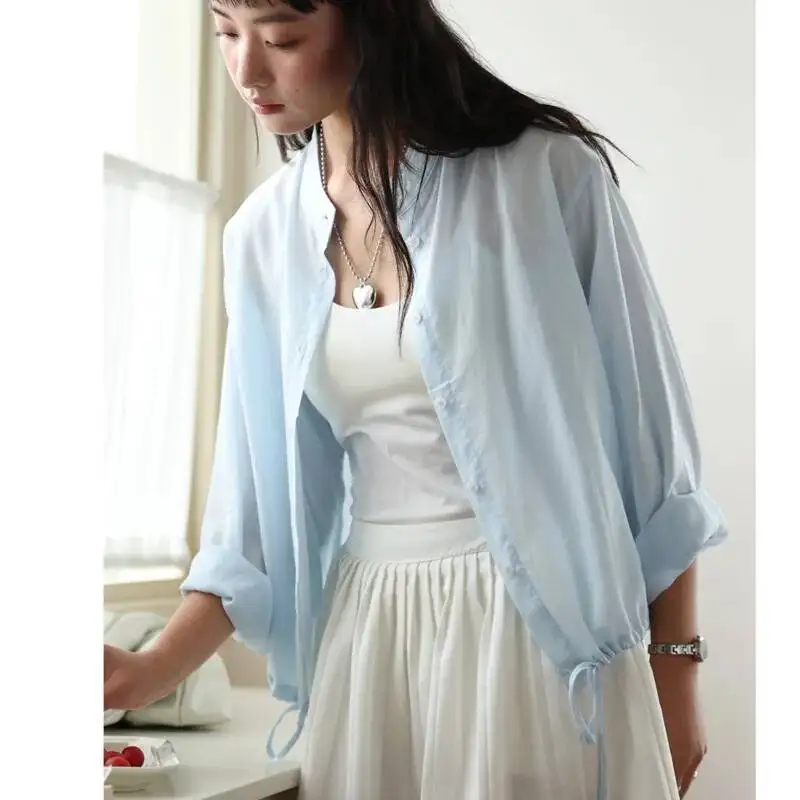 

Summer Stand Collar Lyocell Linen Shirts Women Drawstring Lightweight Loose Single Breasted Cardigan Tops