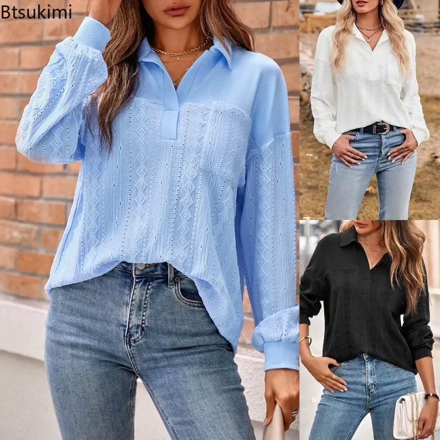 2024 Solidne luźne bluzki dla kobiet Fashion Splice Hollow Out Vintage Lapel Long-sleeved Pullover Shirt Elegant Women Tops