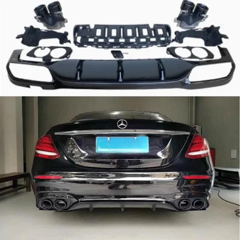후면 범퍼 립 디퓨저 E63 E53 AMG 배기 팁이있는 스타일 스포일러 E300 스포츠 세단 벤츠 E 클래스 W213 2016-2019