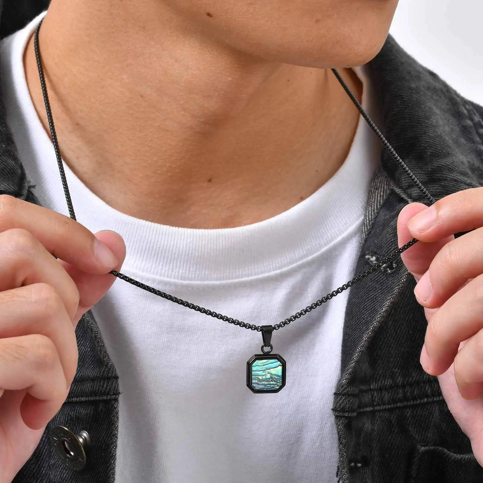 Trendige Herren-Halskette, quadratische Abalone-Muschel-Edelstahl-Halskette, Geburtstagsfeier, Vater-Schmuck, Geschenk – Detail 1