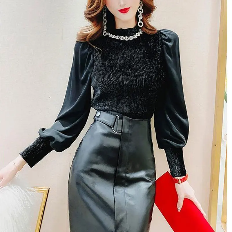 Casual Vintage Folds Blouse Women\'s Clothing Fashion Diamonds Chain Spring Autumn Long Sleeve Commute Spliced Stand Collar Shirt