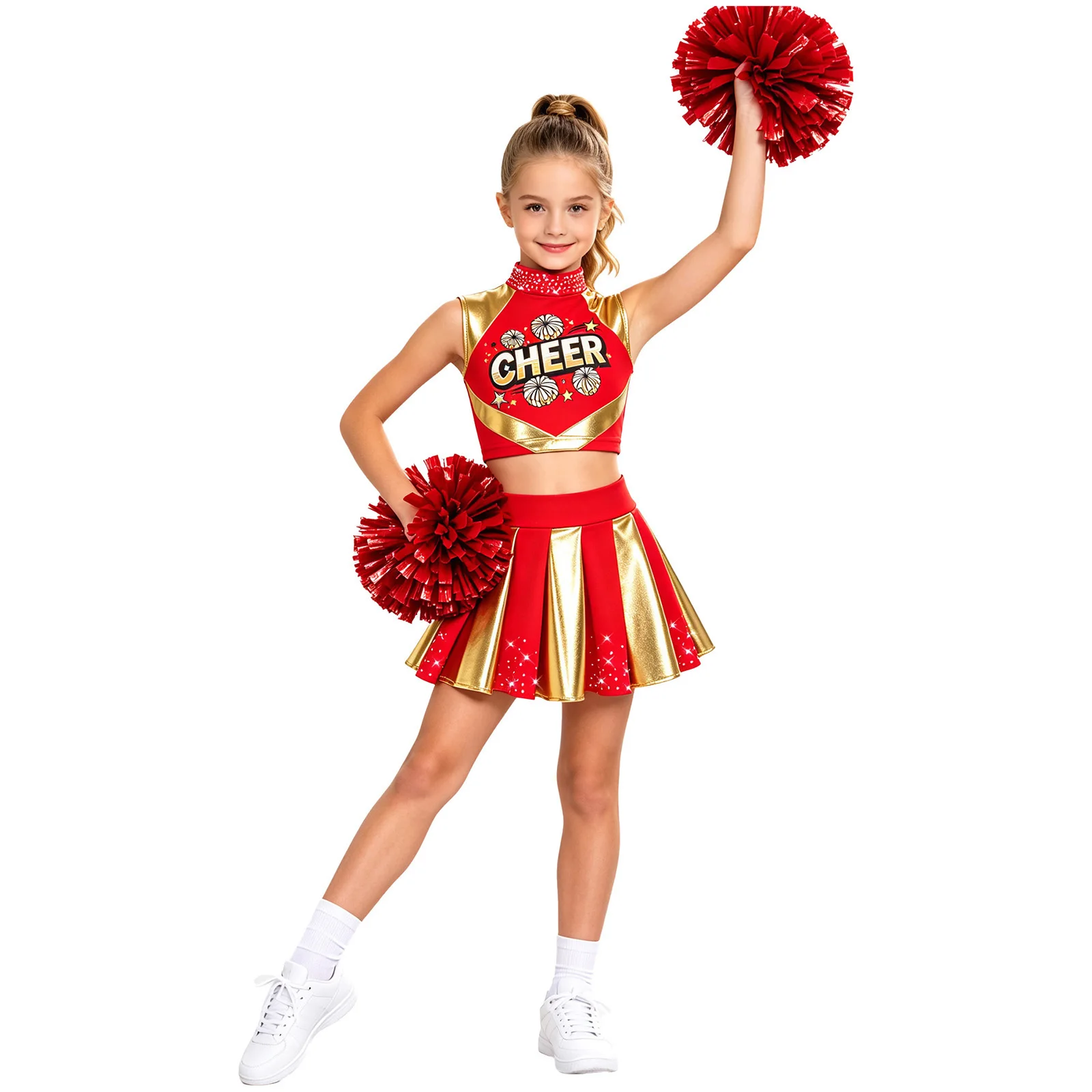 Cheerleader-Kostüm für Mädchen, Cheerleading-Uniform, 2-teiliges Set, ärmelloses Top mit Strasssteinen und „CHEER“-Aufdruck, kurzes Oberteil, plissierter Rock, Tanzoutfit. – Detail 12
