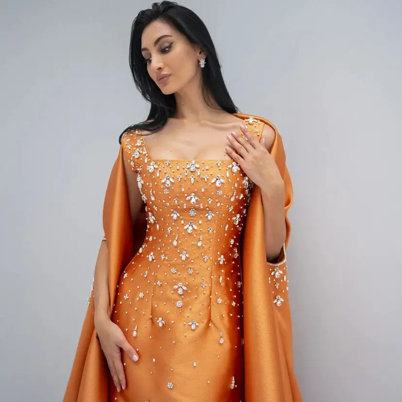 Saudi Orange Luxury Evening Dresses Satin High Quality Rhinestone Crystal With Cape Wedding Party Formal Prom Dresses