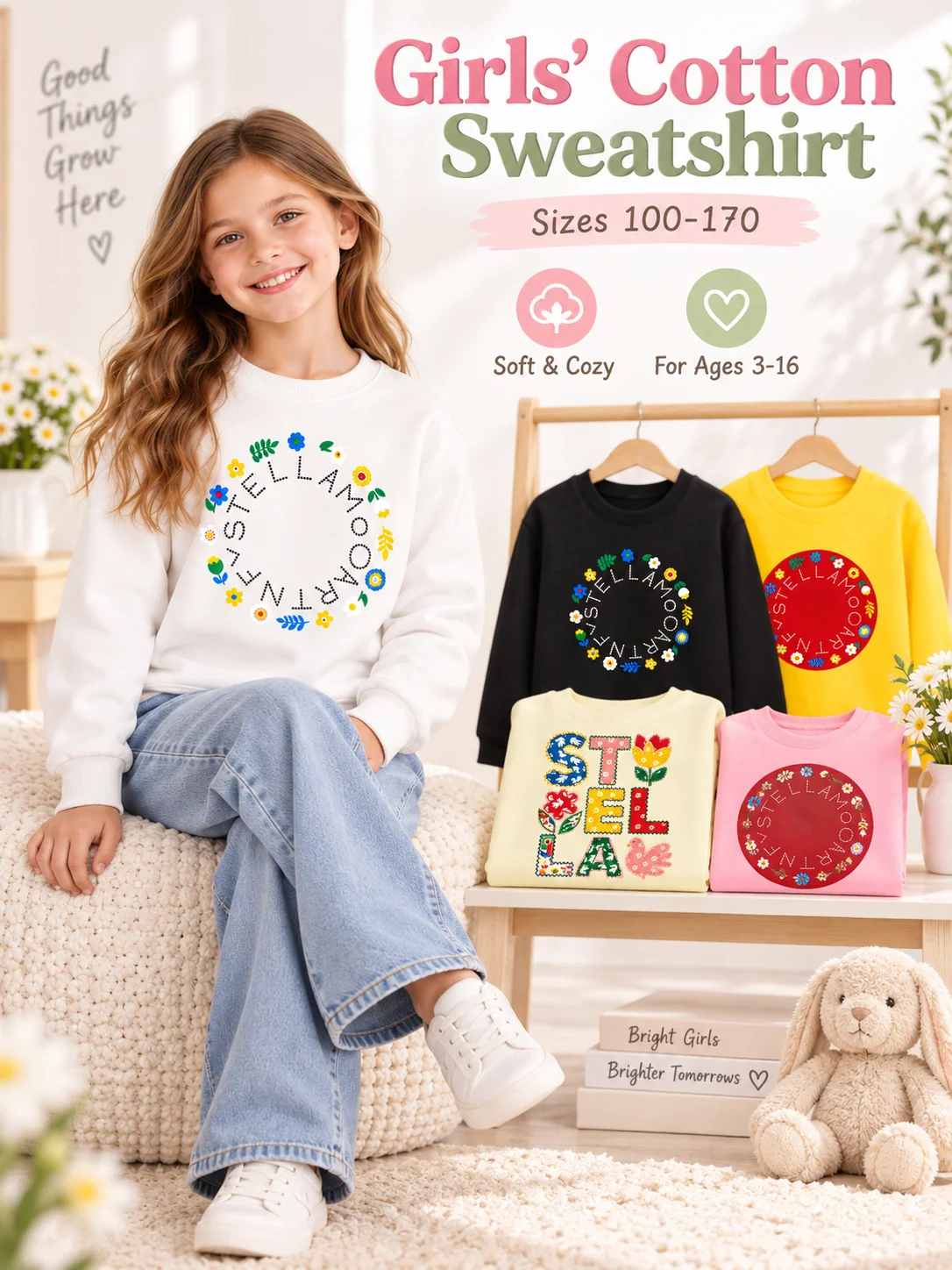 Cute Girls winter clothing Floral Long sleeves 2026 New Fun print Kids pullover letters Flowers sweatshirt girls child hoodies