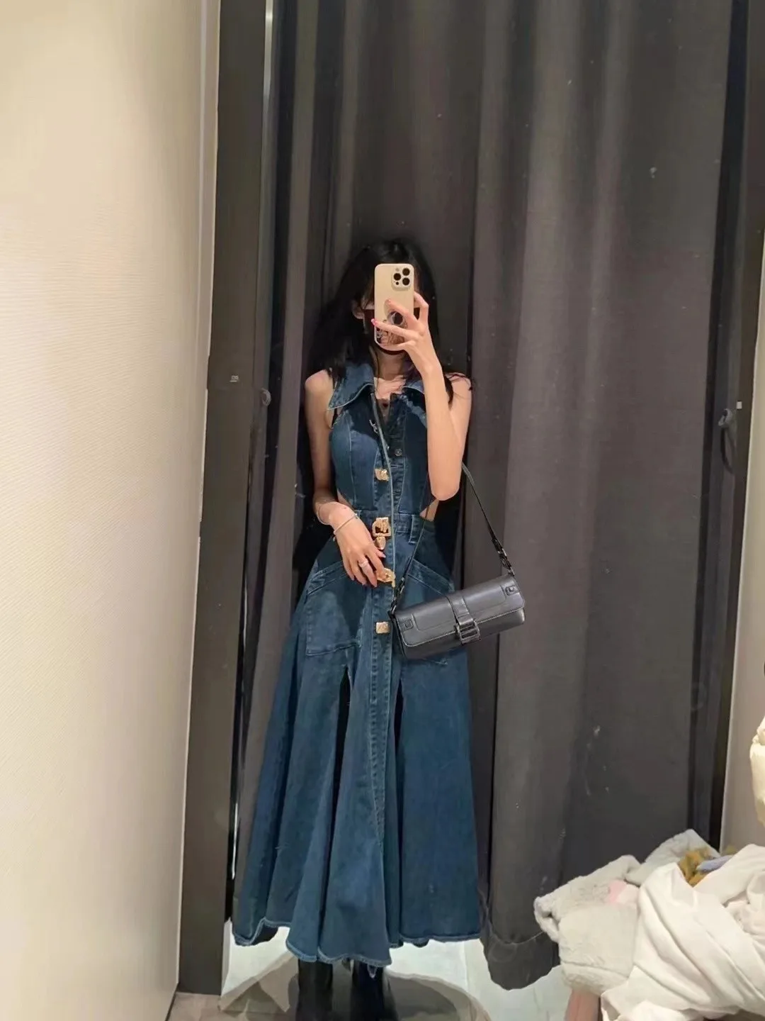 Robe en Denim Ultra Longue pour Femme, Mode Coréenne, Élégante, Taille Découpée, Métal, Simple Boutonnage, Rétro, Bleu, Printemps Été