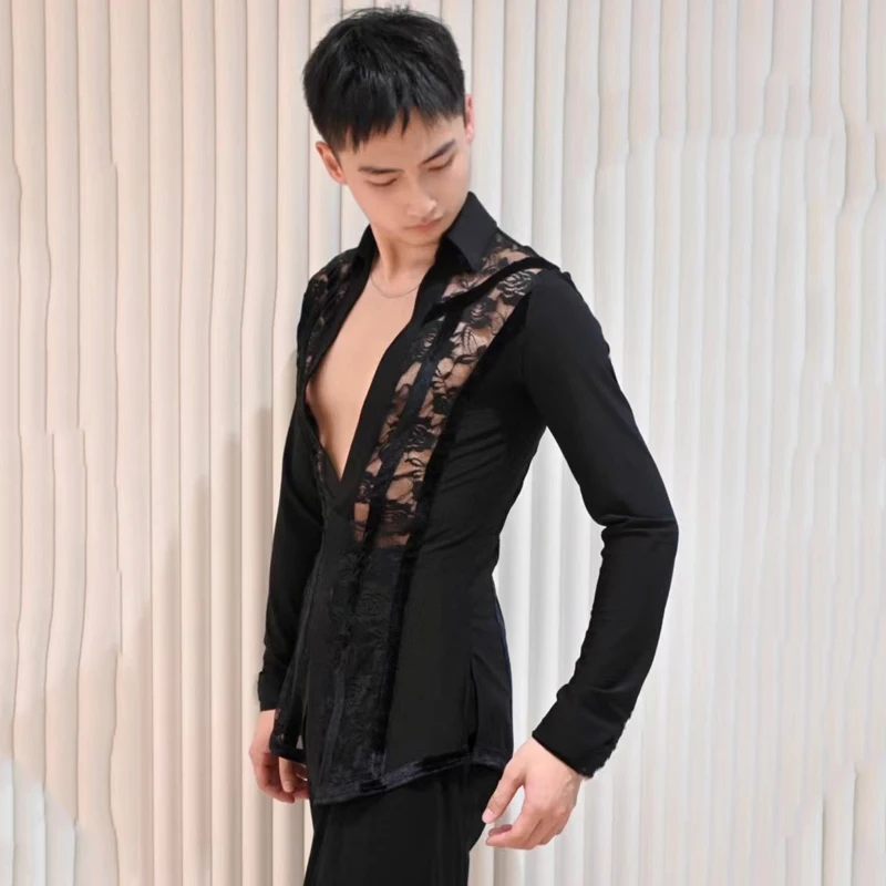 2024 Latin Dance Tops For Men Lace Long Sleeved Shirts Chacha Rumba Tango Training Clothes Latin Dance Competition Wear DQS15500